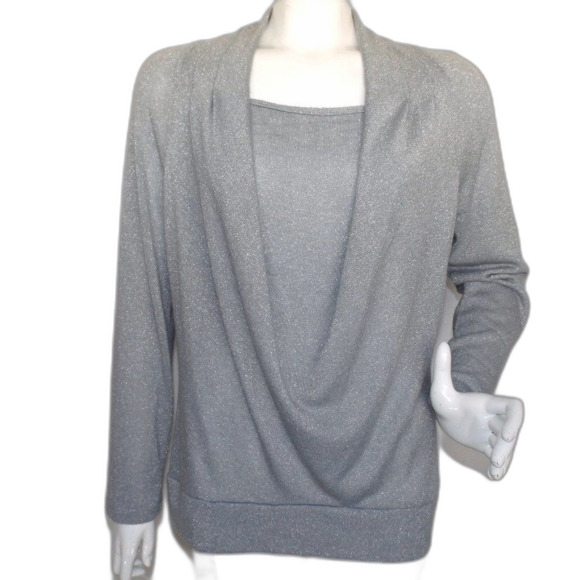 CHICO'S Sweater, 2/L, Silvery Gray, Drape Neck, Long sleeves, Metallic flecked - Picture 1 of 12